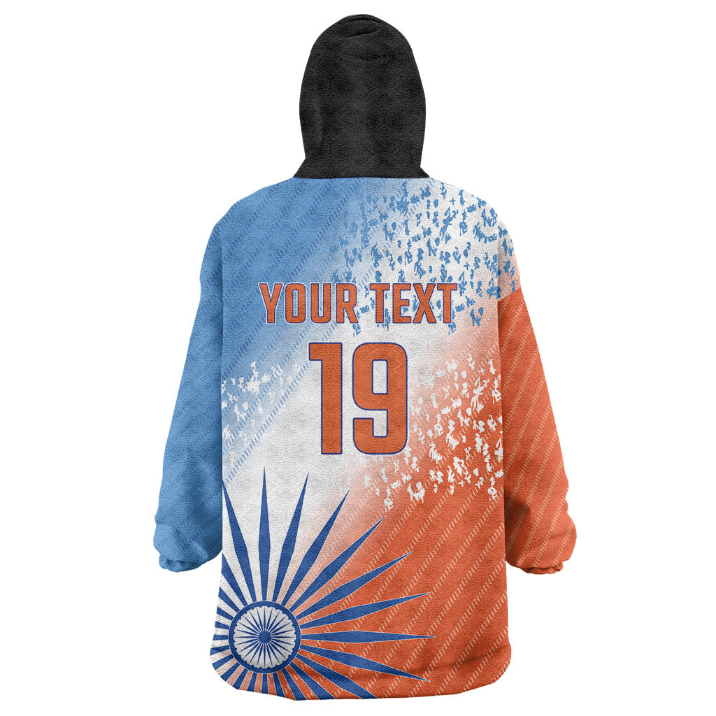 Custom India Cricket Wearable Blanket Hoodie Men In Blue Ashoka Chakra Pride