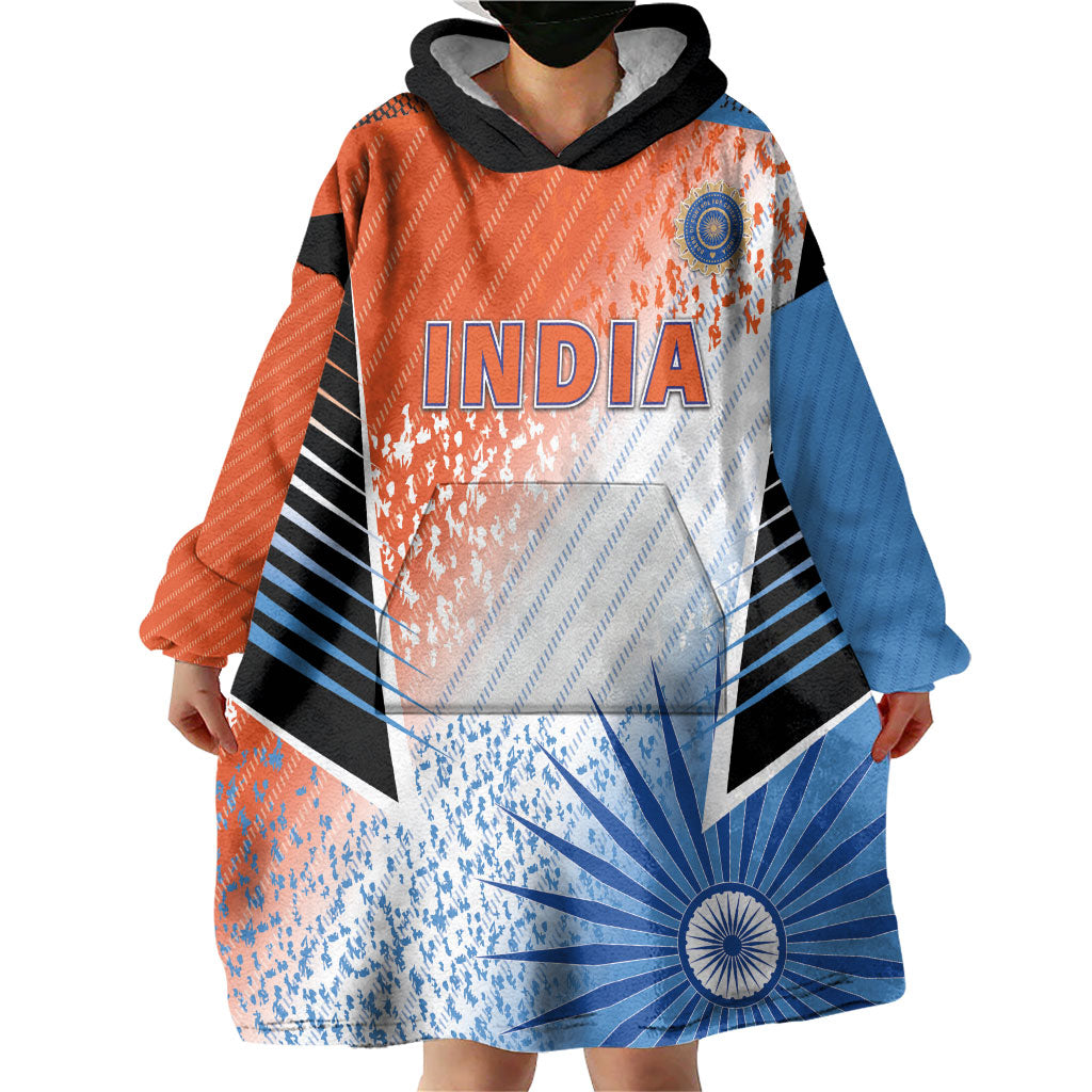 Custom India Cricket Wearable Blanket Hoodie Men In Blue Ashoka Chakra Pride
