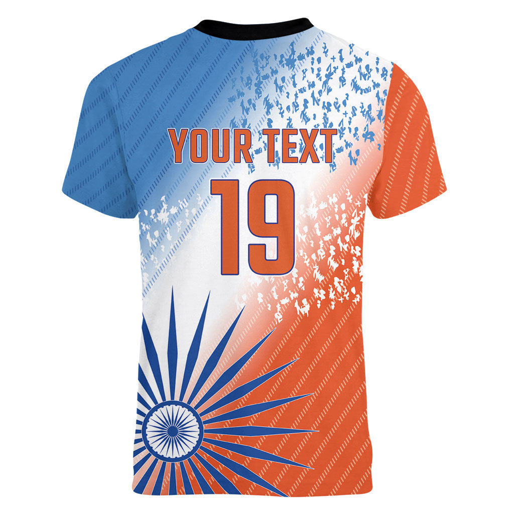 Custom India Cricket Women V-Neck T-Shirt Men In Blue Ashoka Chakra Pride