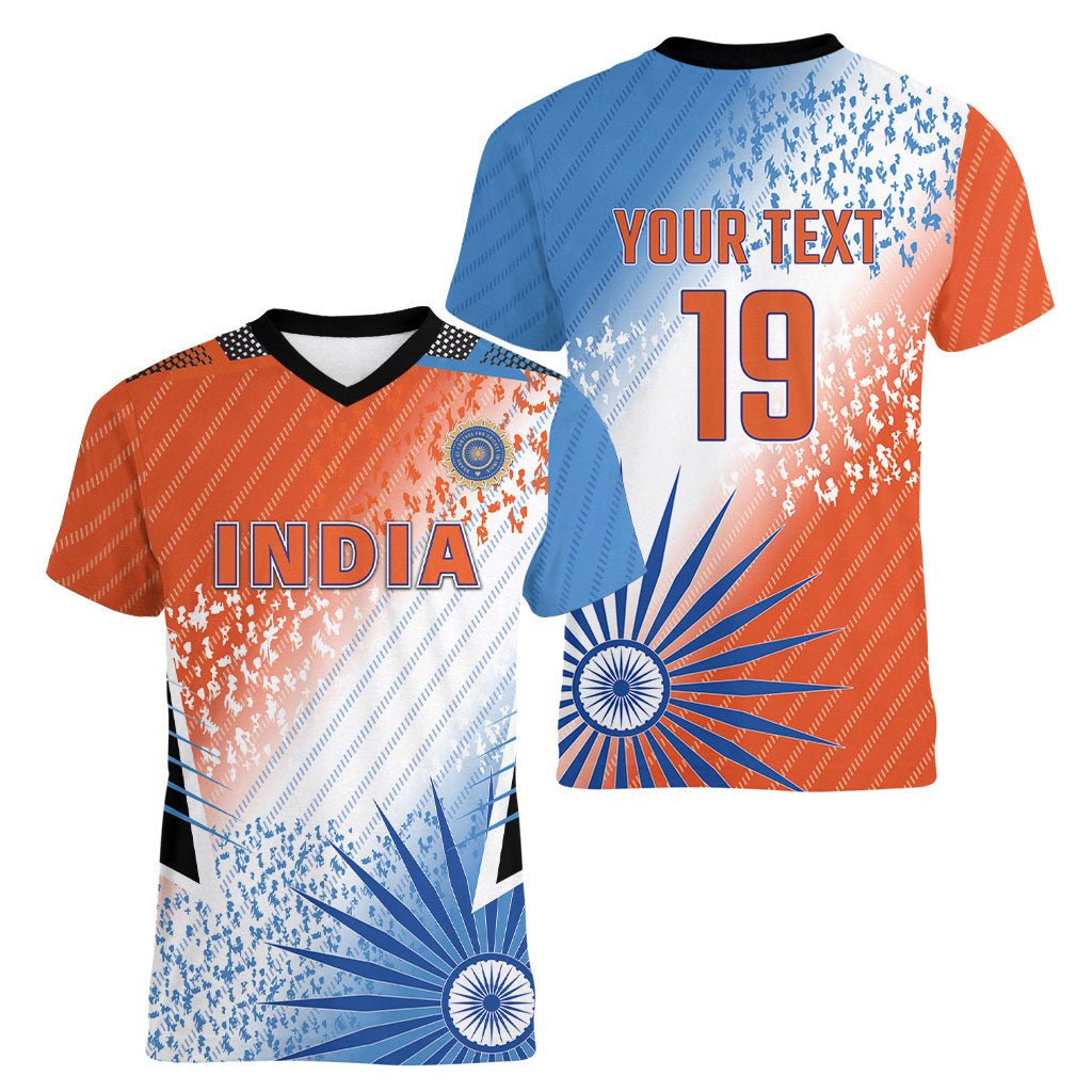 Custom India Cricket Women V-Neck T-Shirt Men In Blue Ashoka Chakra Pride