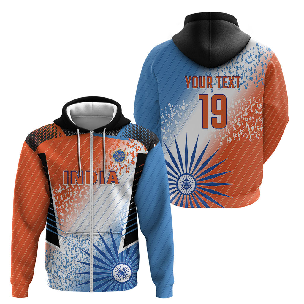 Custom India Cricket Zip Hoodie Men In Blue Ashoka Chakra Pride