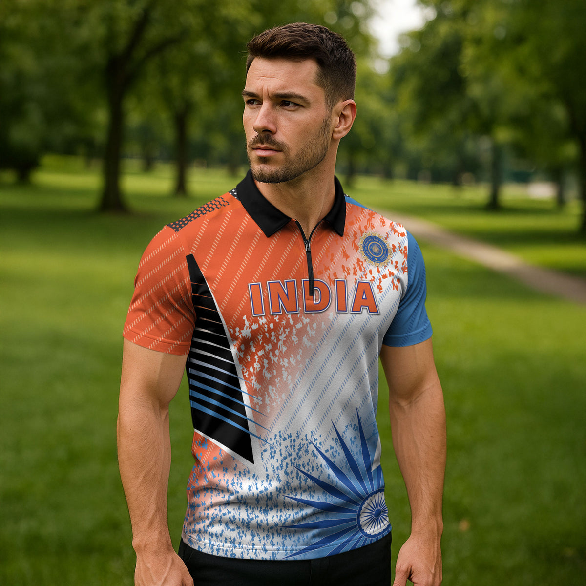 Custom India Cricket Zipper Polo Shirt Men In Blue Ashoka Chakra Pride