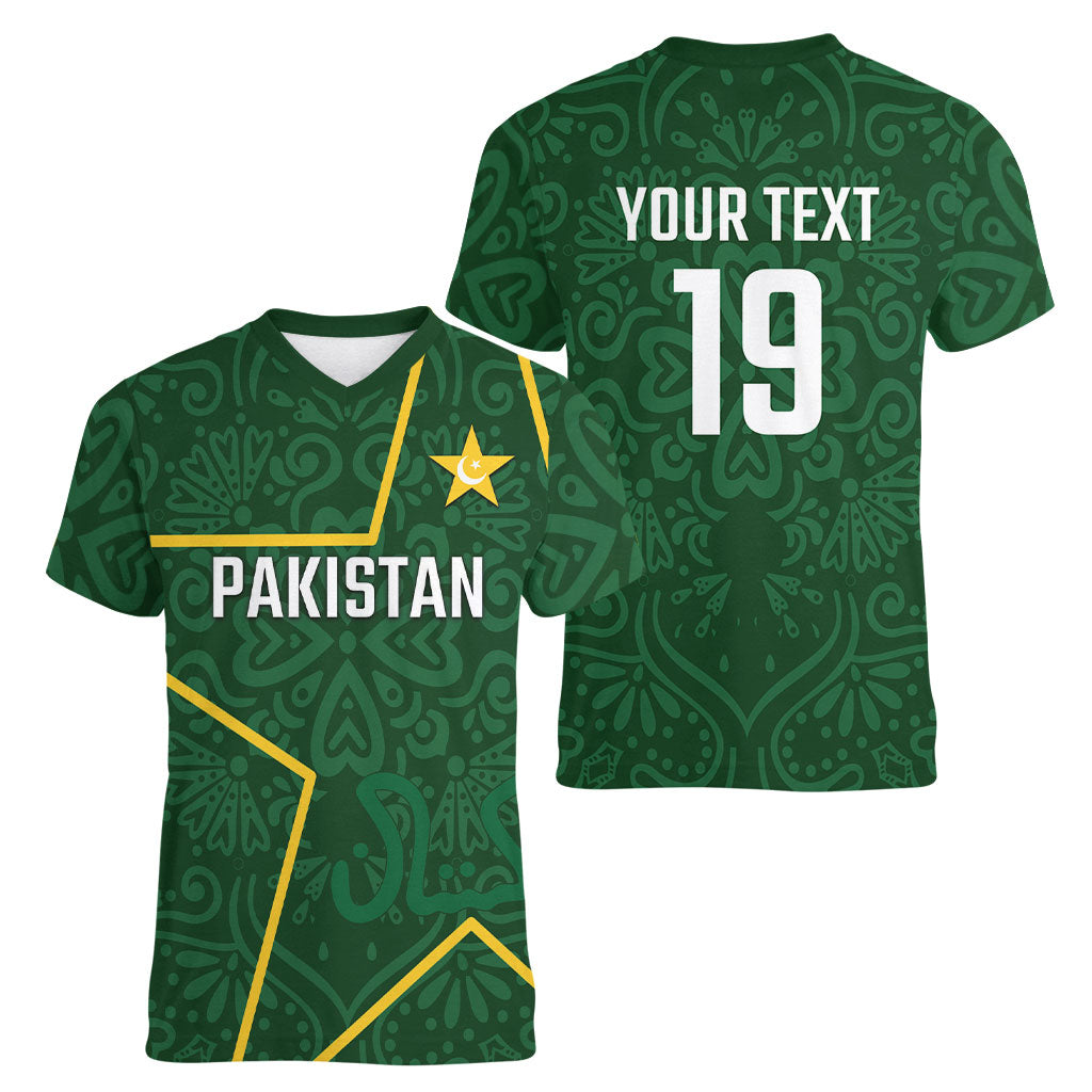 Custom Pakistan Cricket Women V-Neck T-Shirt Shaheens Crescent Star Spirit