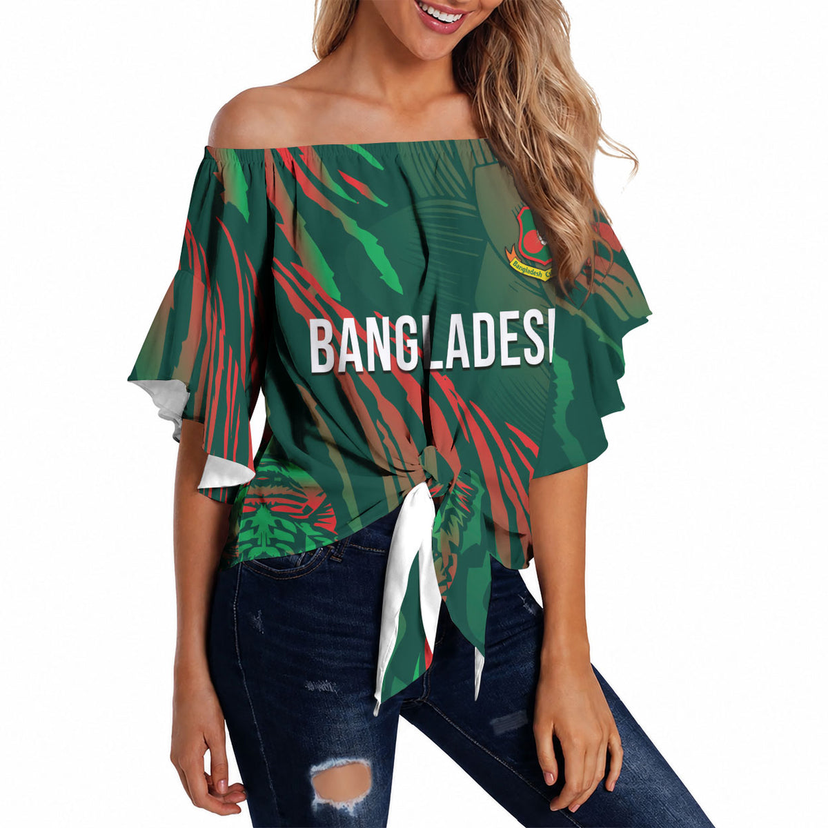 Custom Bangladesh Cricket Off Shoulder Wrap Waist Top Royal Bengal Tiger Spirit
