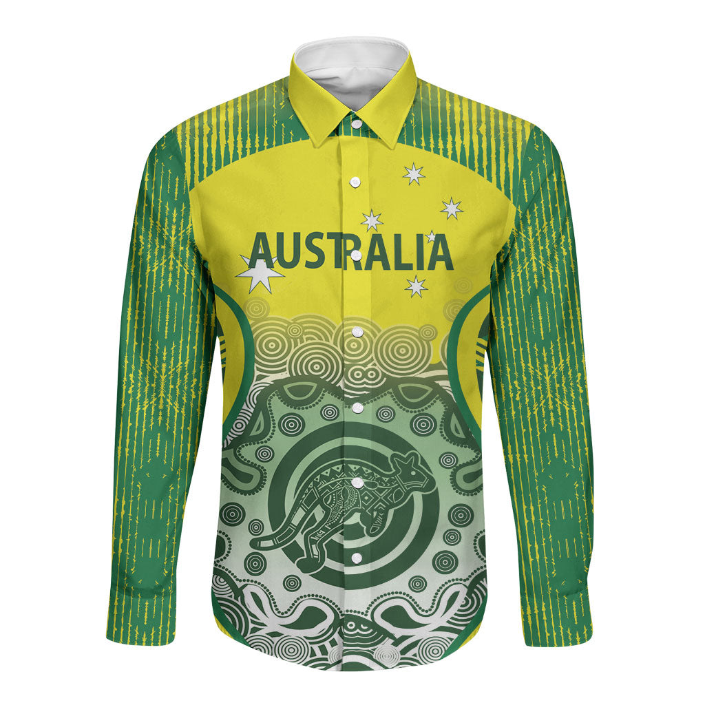 Custom Australia Cricket Long Sleeve Button Shirt Aboriginal Kangaroo Southern Cross