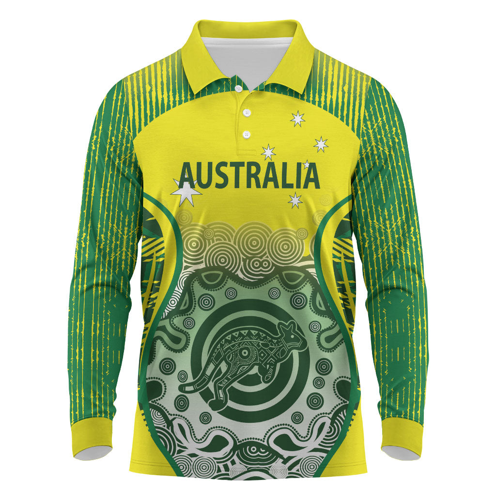 Custom Australia Cricket Long Sleeve Polo Shirt Aboriginal Kangaroo Southern Cross