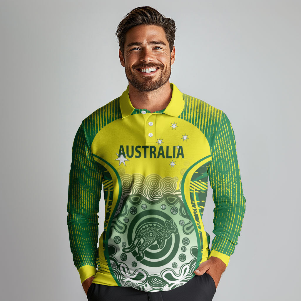 Custom Australia Cricket Long Sleeve Polo Shirt Aboriginal Kangaroo Southern Cross
