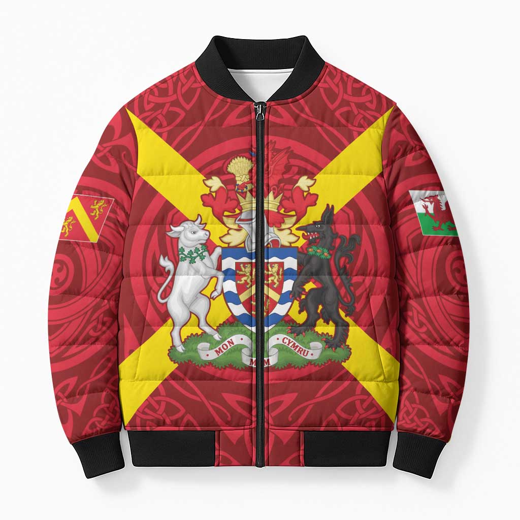 Personalized Anglesey Ynys Mon Bomber Puffer Jacket Map and Emblem Celtic Style - Wonder Print Shop