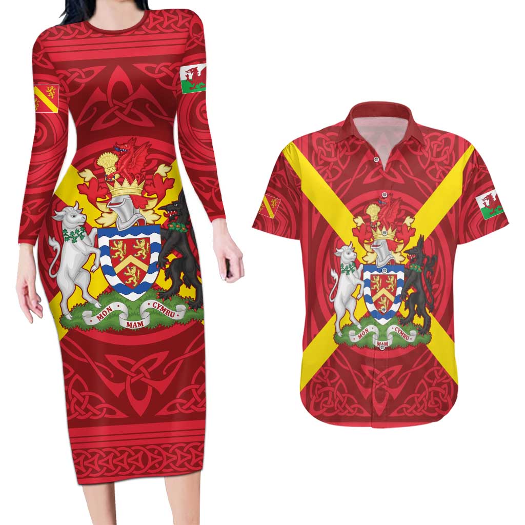 Personalized Anglesey Ynys Mon Couples Matching Long Sleeve Bodycon Dress and Hawaiian Shirt Map and Emblem Celtic Style - Wonder Print Shop