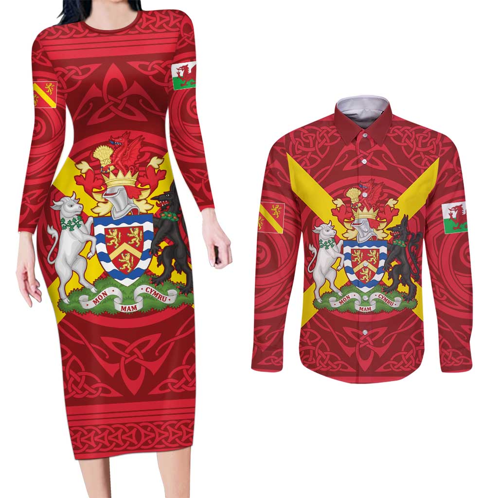 Personalized Anglesey Ynys Mon Couples Matching Long Sleeve Bodycon Dress and Long Sleeve Button Shirt Map and Emblem Celtic Style - Wonder Print Shop