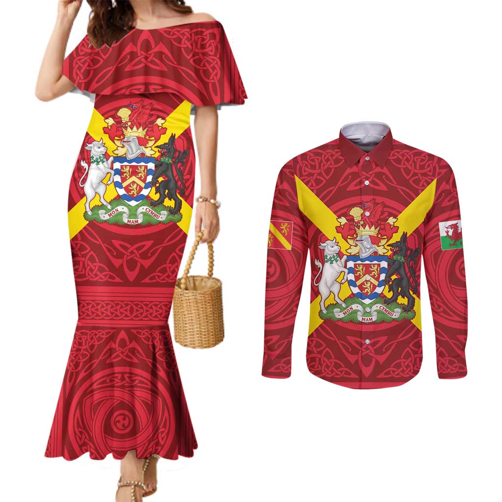 Personalized Anglesey Ynys Mon Couples Matching Mermaid Dress and Long Sleeve Button Shirt Map and Emblem Celtic Style - Wonder Print Shop