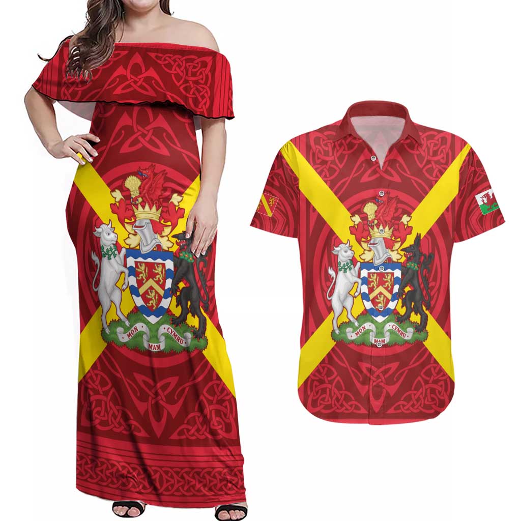 Personalized Anglesey Ynys Mon Couples Matching Off Shoulder Maxi Dress and Hawaiian Shirt Map and Emblem Celtic Style - Wonder Print Shop