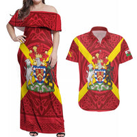 Personalized Anglesey Ynys Mon Couples Matching Off Shoulder Maxi Dress and Hawaiian Shirt Map and Emblem Celtic Style - Wonder Print Shop