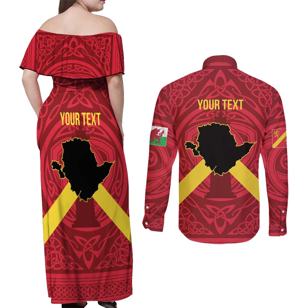 Personalized Anglesey Ynys Mon Couples Matching Off Shoulder Maxi Dress and Long Sleeve Button Shirt Map and Emblem Celtic Style - Wonder Print Shop