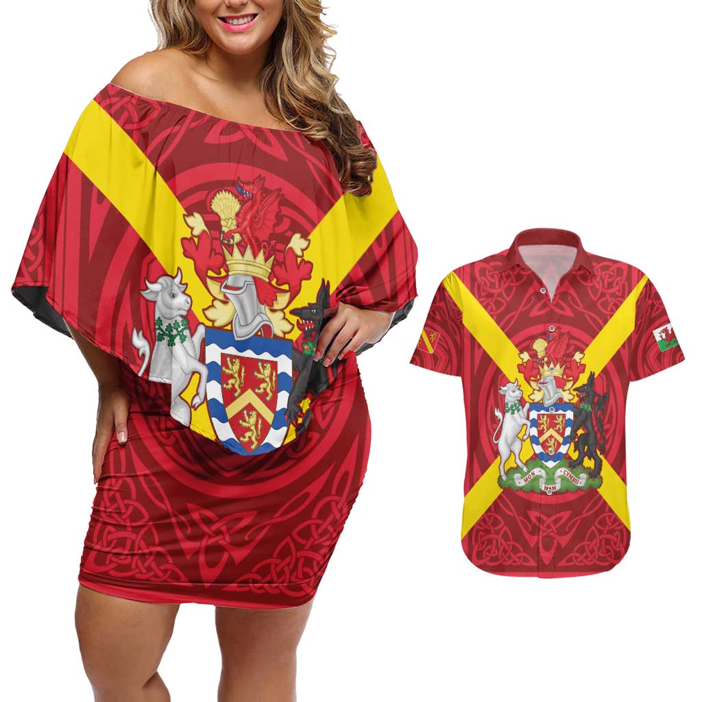 Personalized Anglesey Ynys Mon Couples Matching Off Shoulder Short Dress and Hawaiian Shirt Map and Emblem Celtic Style - Wonder Print Shop