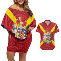 Personalized Anglesey Ynys Mon Couples Matching Off Shoulder Short Dress and Hawaiian Shirt Map and Emblem Celtic Style - Wonder Print Shop