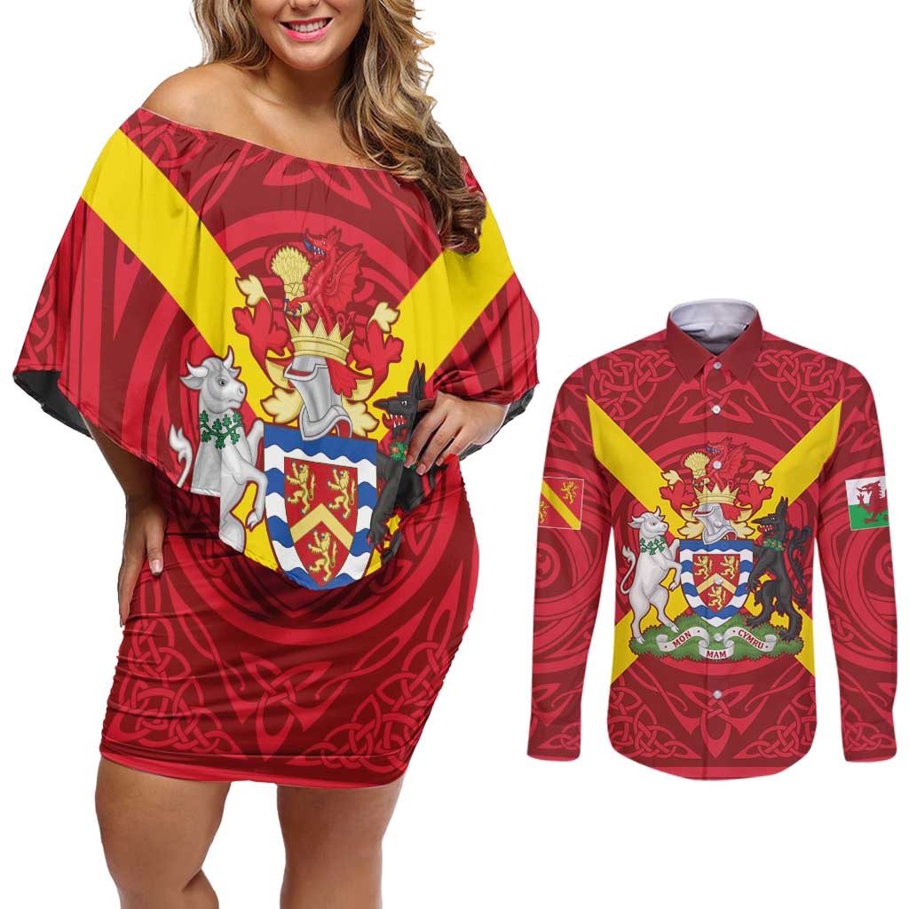 Personalized Anglesey Ynys Mon Couples Matching Off Shoulder Short Dress and Long Sleeve Button Shirt Map and Emblem Celtic Style - Wonder Print Shop
