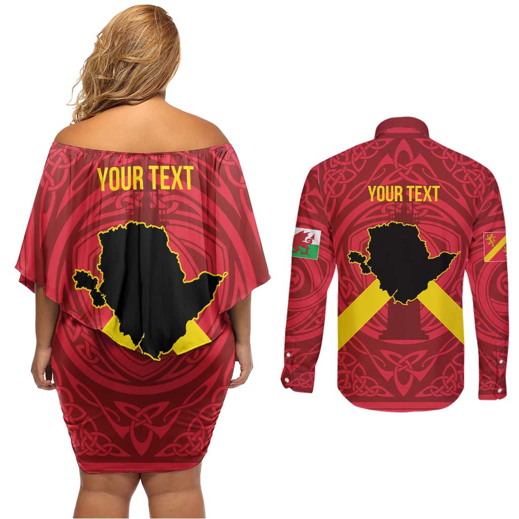Personalized Anglesey Ynys Mon Couples Matching Off Shoulder Short Dress and Long Sleeve Button Shirt Map and Emblem Celtic Style - Wonder Print Shop