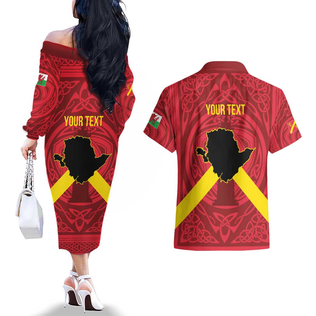 Personalized Anglesey Ynys Mon Couples Matching Off The Shoulder Long Sleeve Dress and Hawaiian Shirt Map and Emblem Celtic Style - Wonder Print Shop