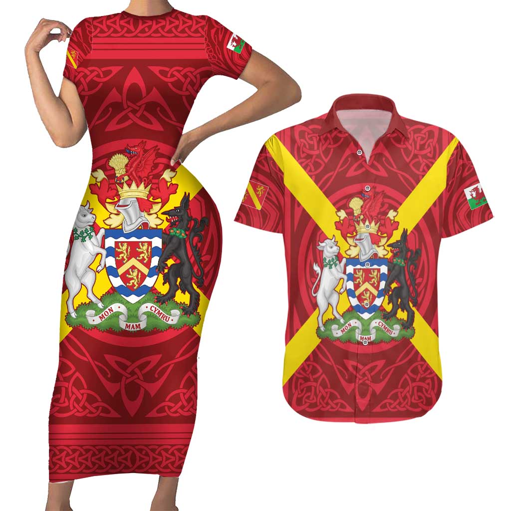 Personalized Anglesey Ynys Mon Couples Matching Short Sleeve Bodycon Dress and Hawaiian Shirt Map and Emblem Celtic Style - Wonder Print Shop