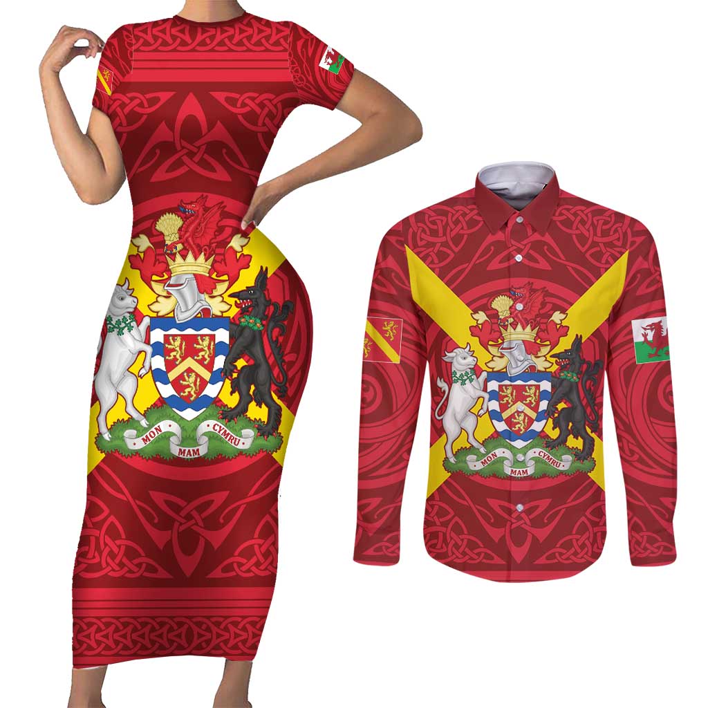 Personalized Anglesey Ynys Mon Couples Matching Short Sleeve Bodycon Dress and Long Sleeve Button Shirt Map and Emblem Celtic Style - Wonder Print Shop