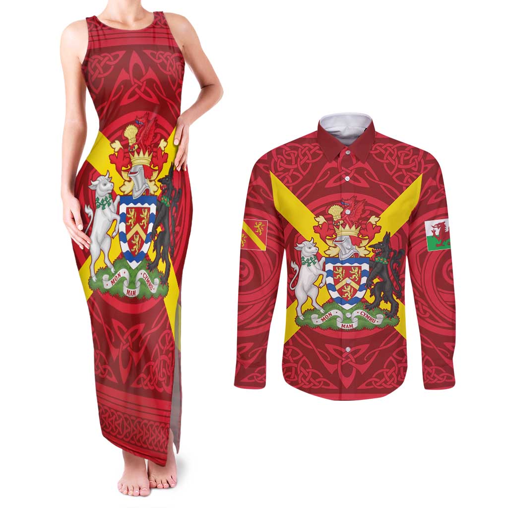 Personalized Anglesey Ynys Mon Couples Matching Tank Maxi Dress and Long Sleeve Button Shirt Map and Emblem Celtic Style - Wonder Print Shop