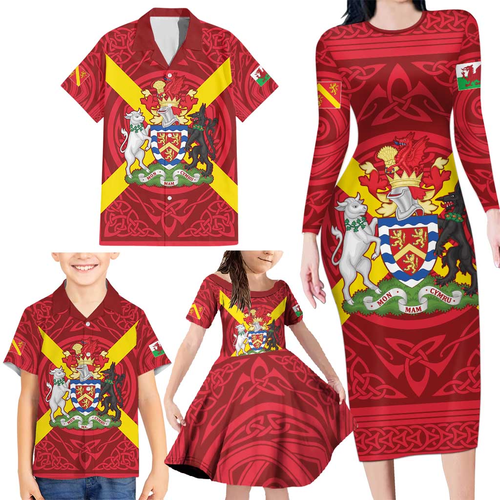 Personalized Anglesey Ynys Mon Family Matching Long Sleeve Bodycon Dress and Hawaiian Shirt Map and Emblem Celtic Style - Wonder Print Shop