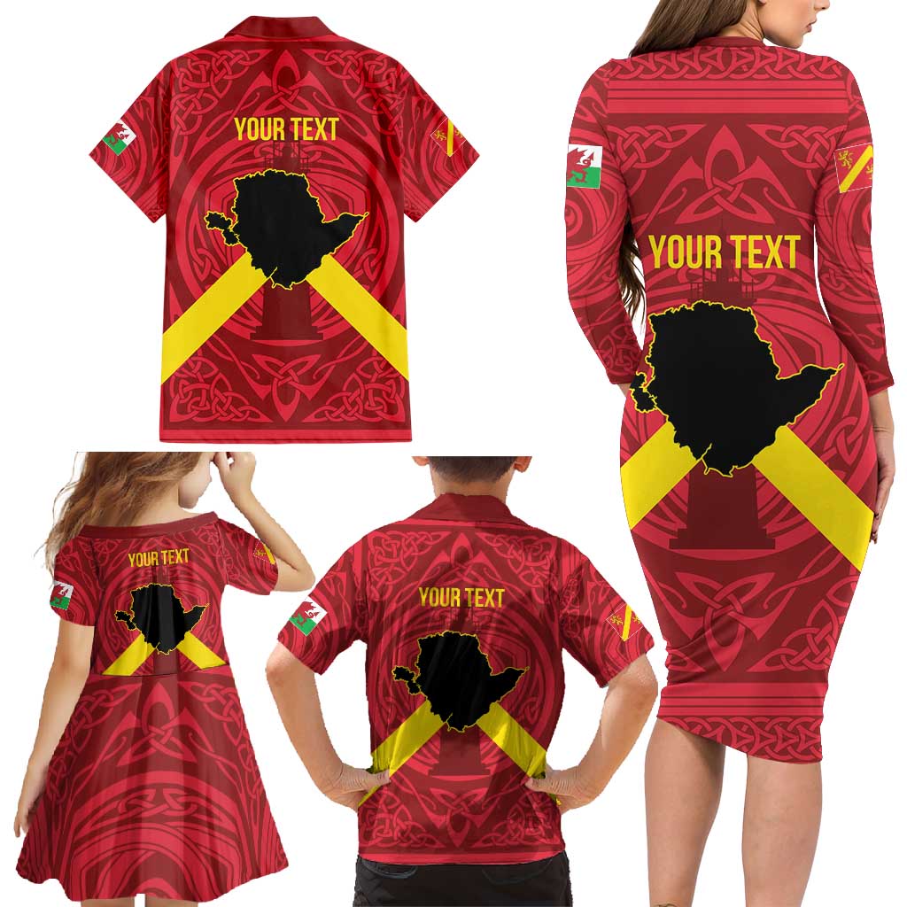 Personalized Anglesey Ynys Mon Family Matching Long Sleeve Bodycon Dress and Hawaiian Shirt Map and Emblem Celtic Style - Wonder Print Shop