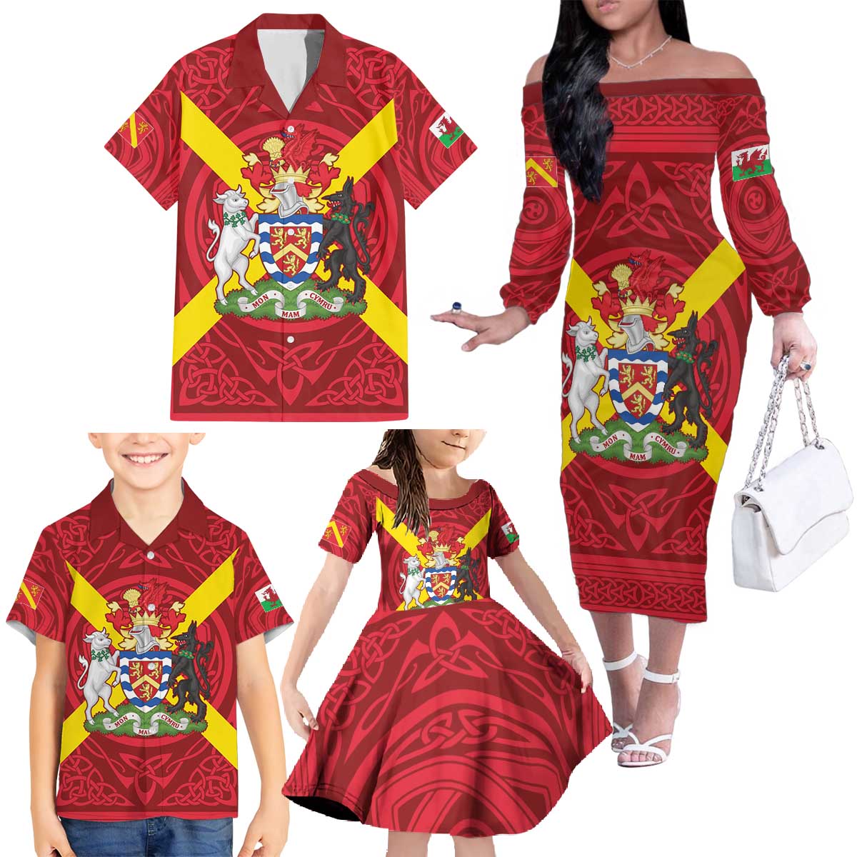 Personalized Anglesey Ynys Mon Family Matching Off The Shoulder Long Sleeve Dress and Hawaiian Shirt Map and Emblem Celtic Style - Wonder Print Shop