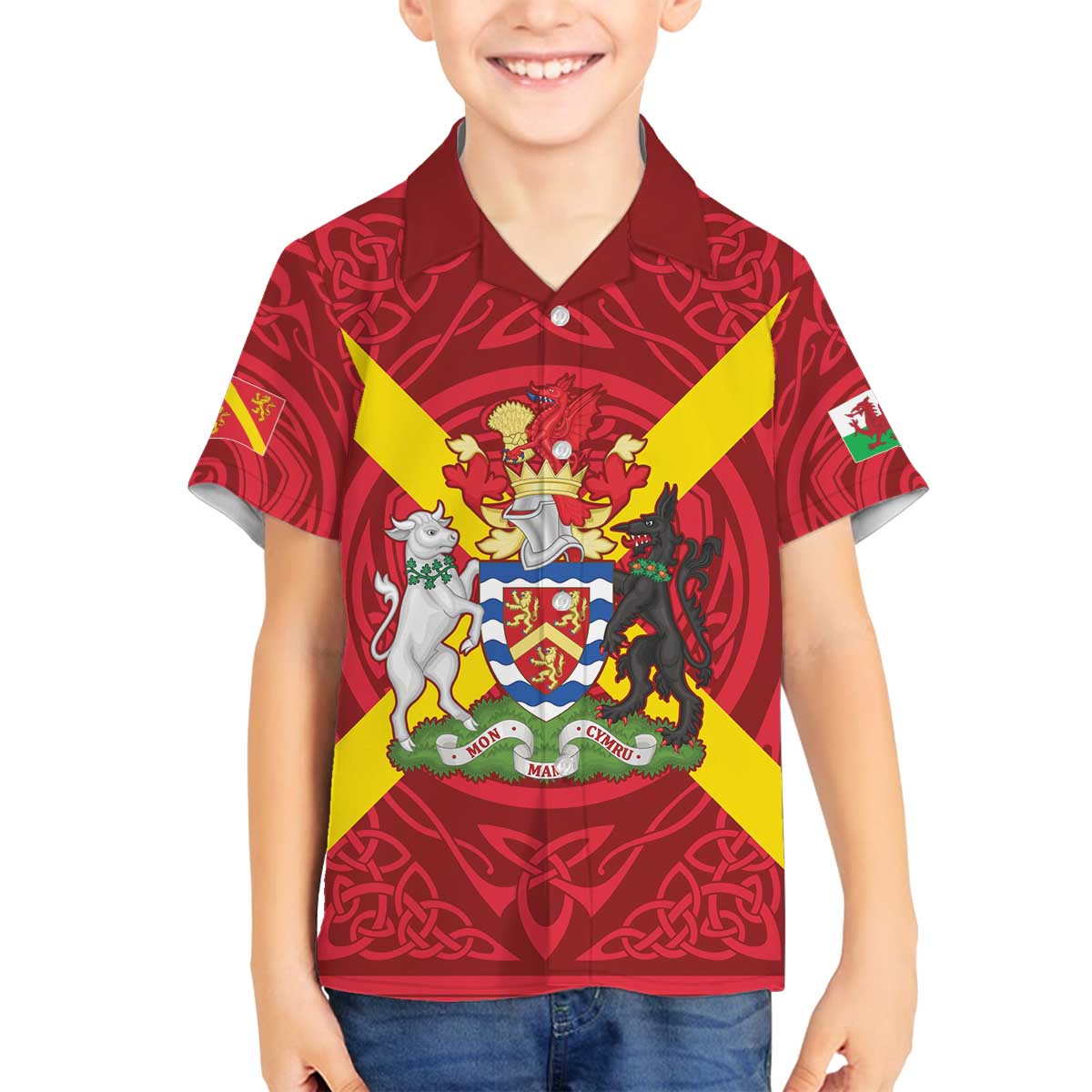 Personalized Anglesey Ynys Mon Family Matching Off The Shoulder Long Sleeve Dress and Hawaiian Shirt Map and Emblem Celtic Style - Wonder Print Shop