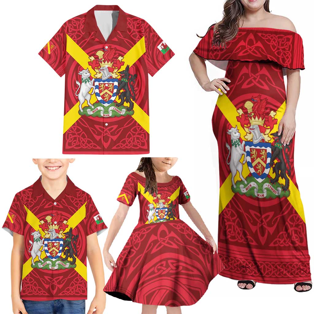 Personalized Anglesey Ynys Mon Family Matching Off Shoulder Maxi Dress and Hawaiian Shirt Map and Emblem Celtic Style - Wonder Print Shop