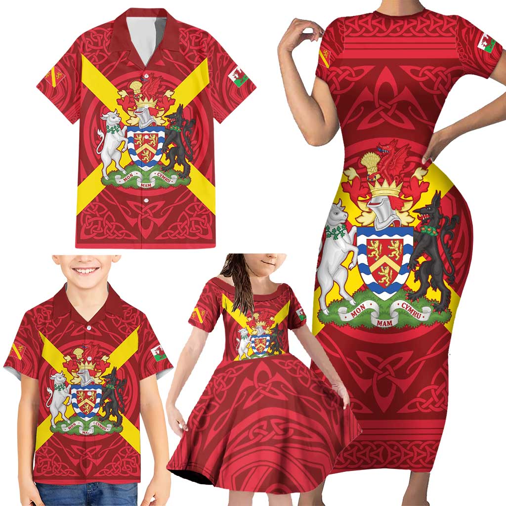 Personalized Anglesey Ynys Mon Family Matching Short Sleeve Bodycon Dress and Hawaiian Shirt Map and Emblem Celtic Style - Wonder Print Shop