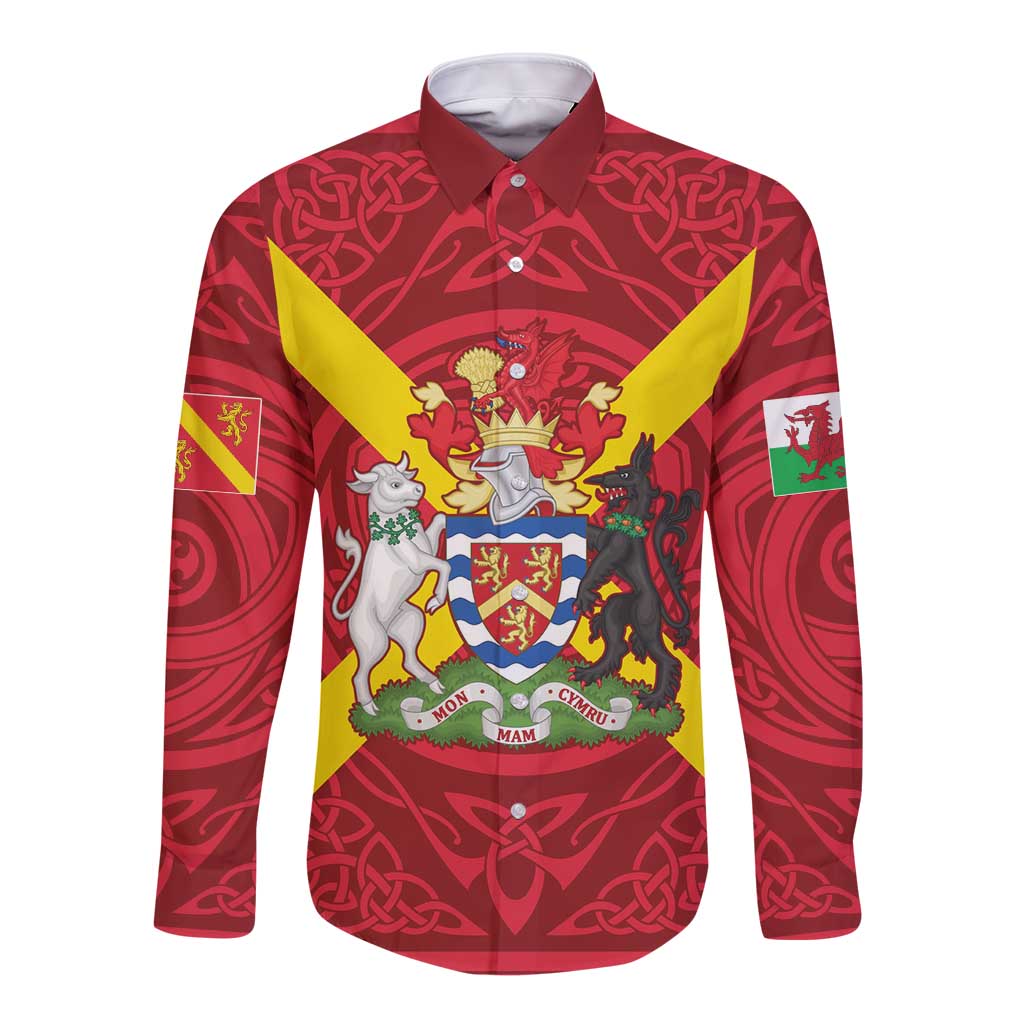 Personalized Anglesey Ynys Mon Long Sleeve Button Shirt Map and Emblem Celtic Style - Wonder Print Shop