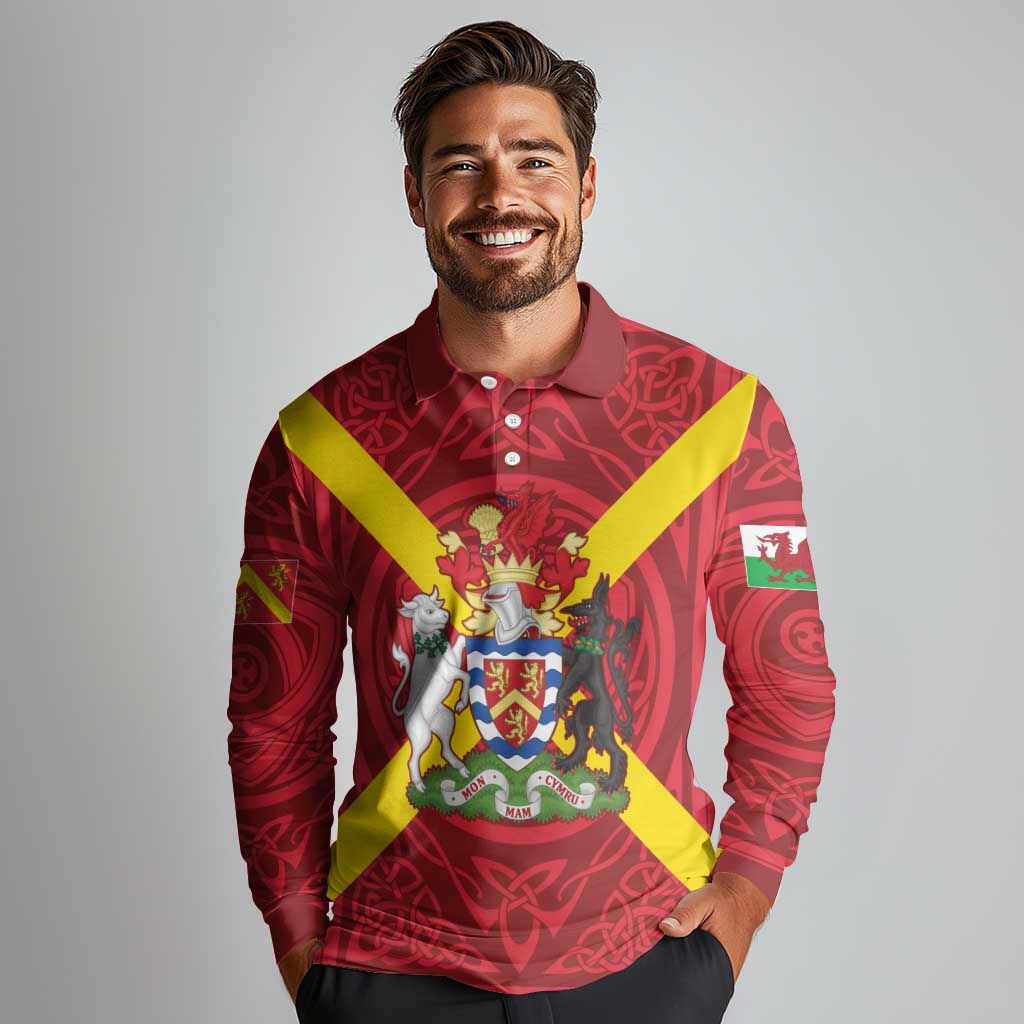 Personalized Anglesey Ynys Mon Long Sleeve Polo Shirt Map and Emblem Celtic Style - Wonder Print Shop