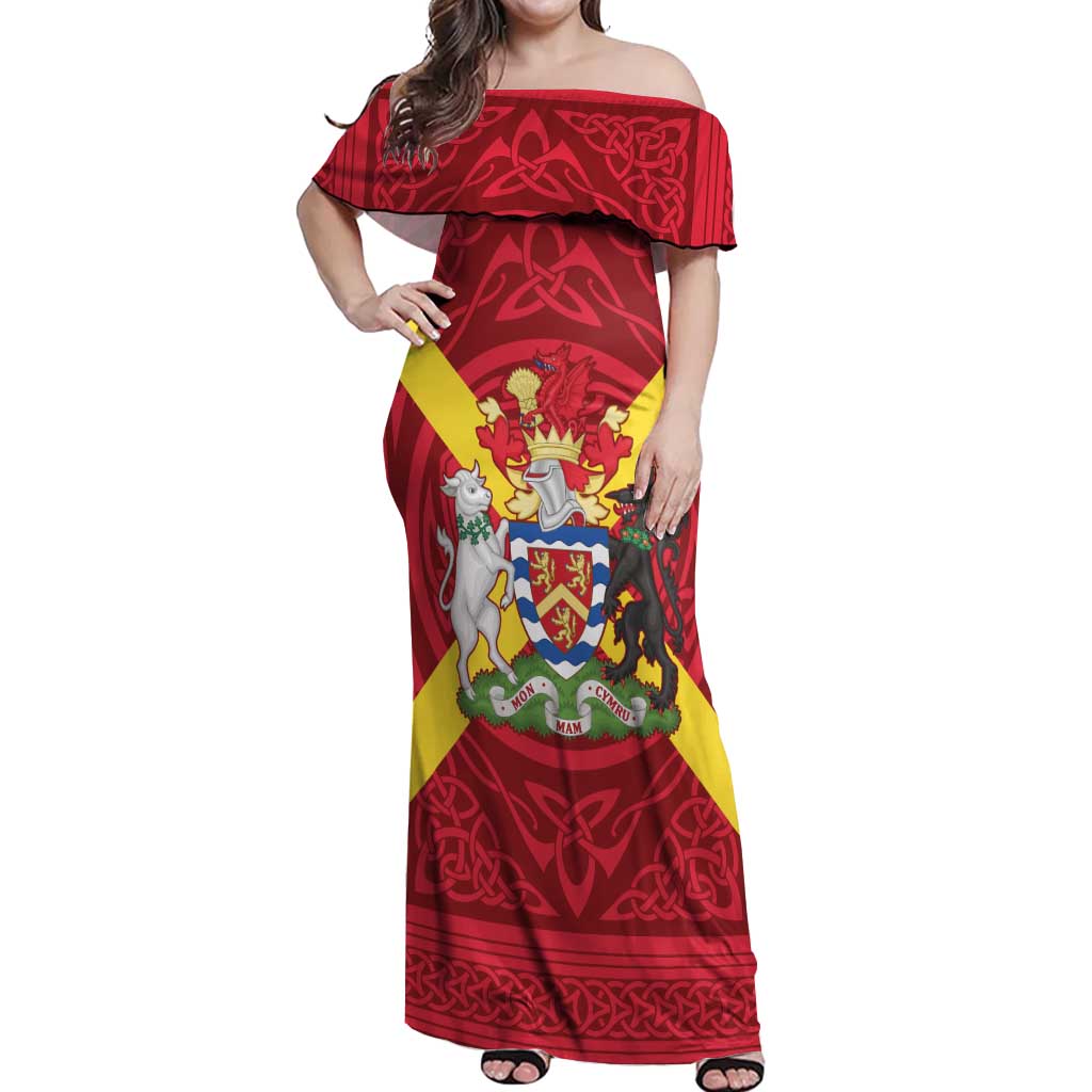 Personalized Anglesey Ynys Mon Off Shoulder Maxi Dress Map and Emblem Celtic Style - Wonder Print Shop