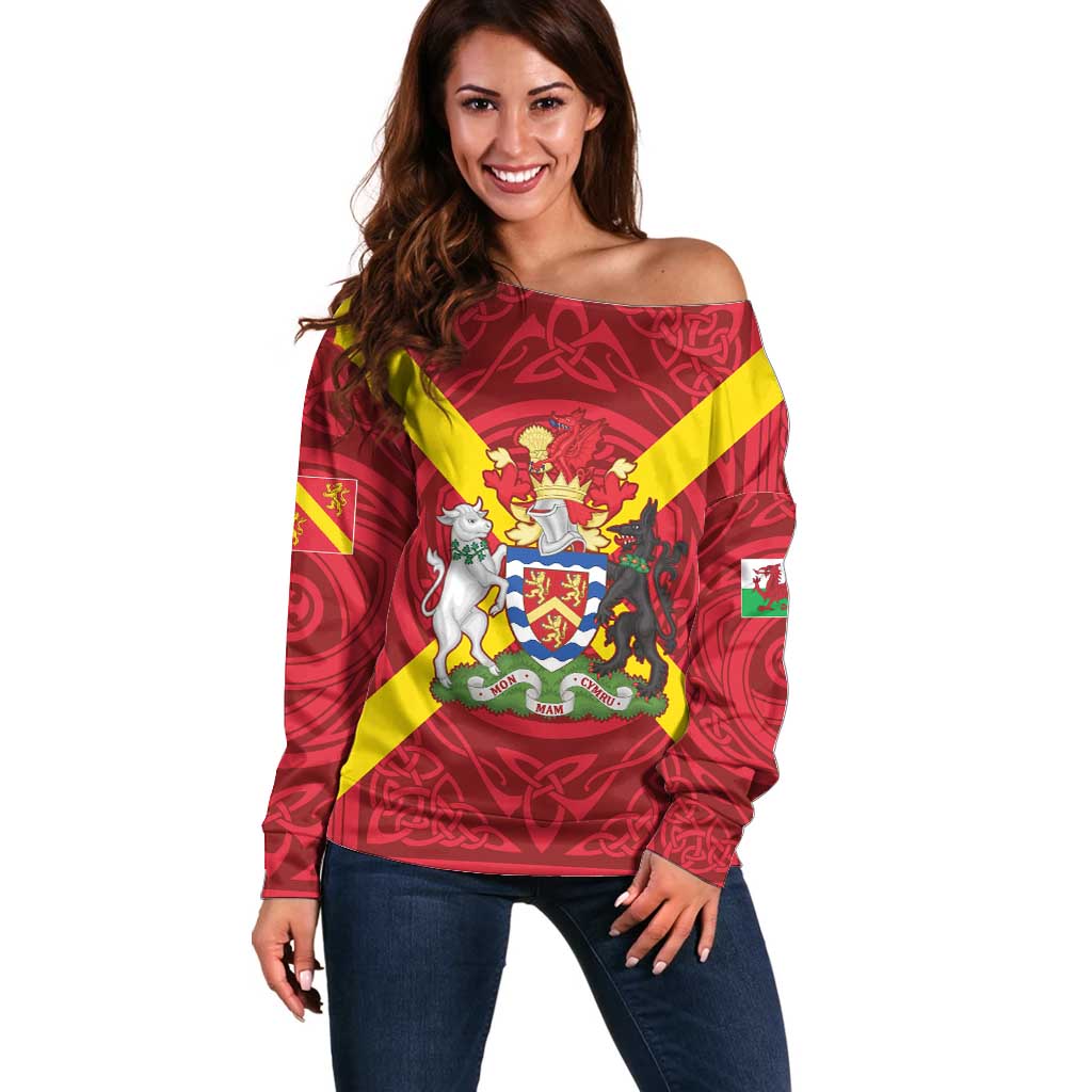 Personalized Anglesey Ynys Mon Off Shoulder Sweater Map and Emblem Celtic Style - Wonder Print Shop