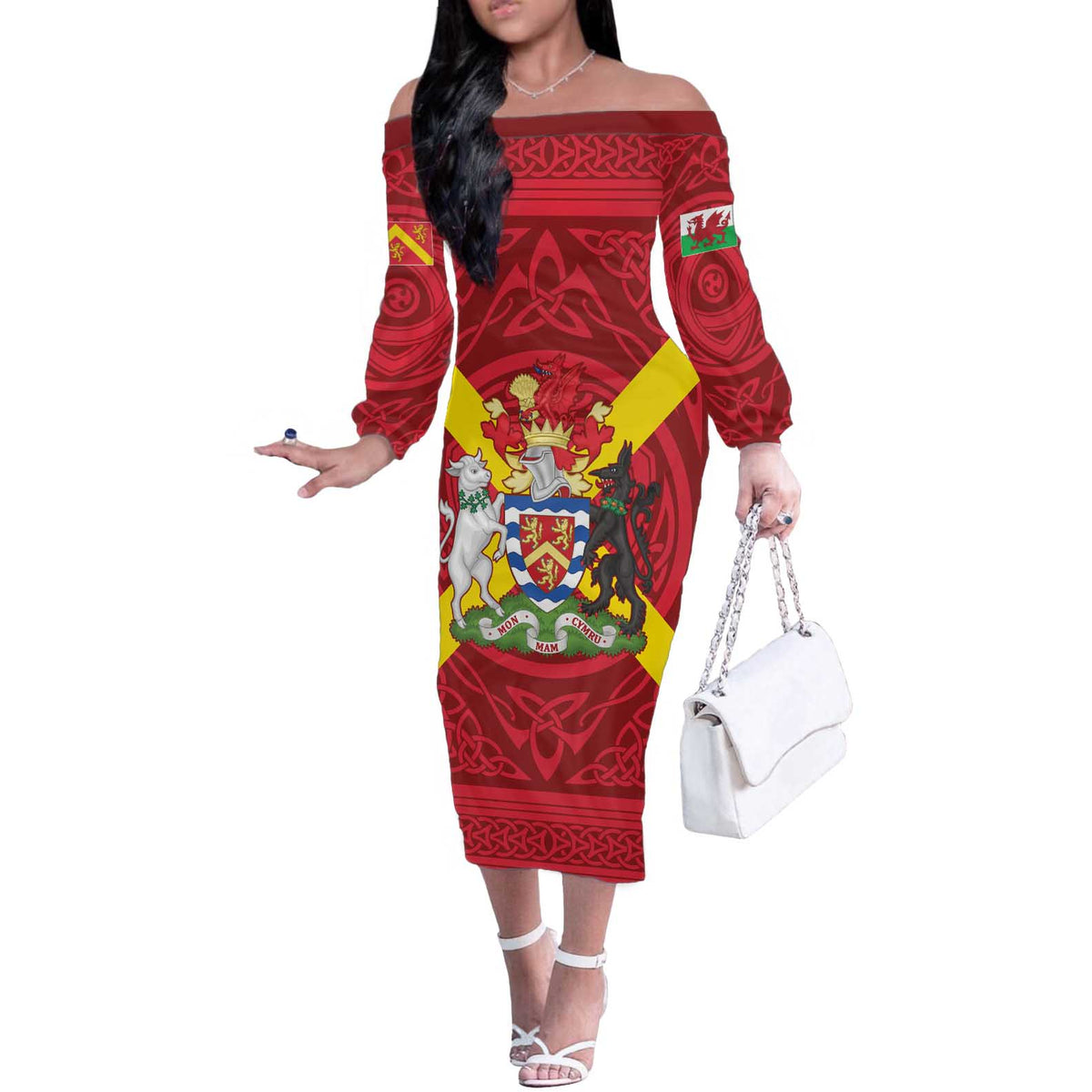 Personalized Anglesey Ynys Mon Off The Shoulder Long Sleeve Dress Map and Emblem Celtic Style - Wonder Print Shop