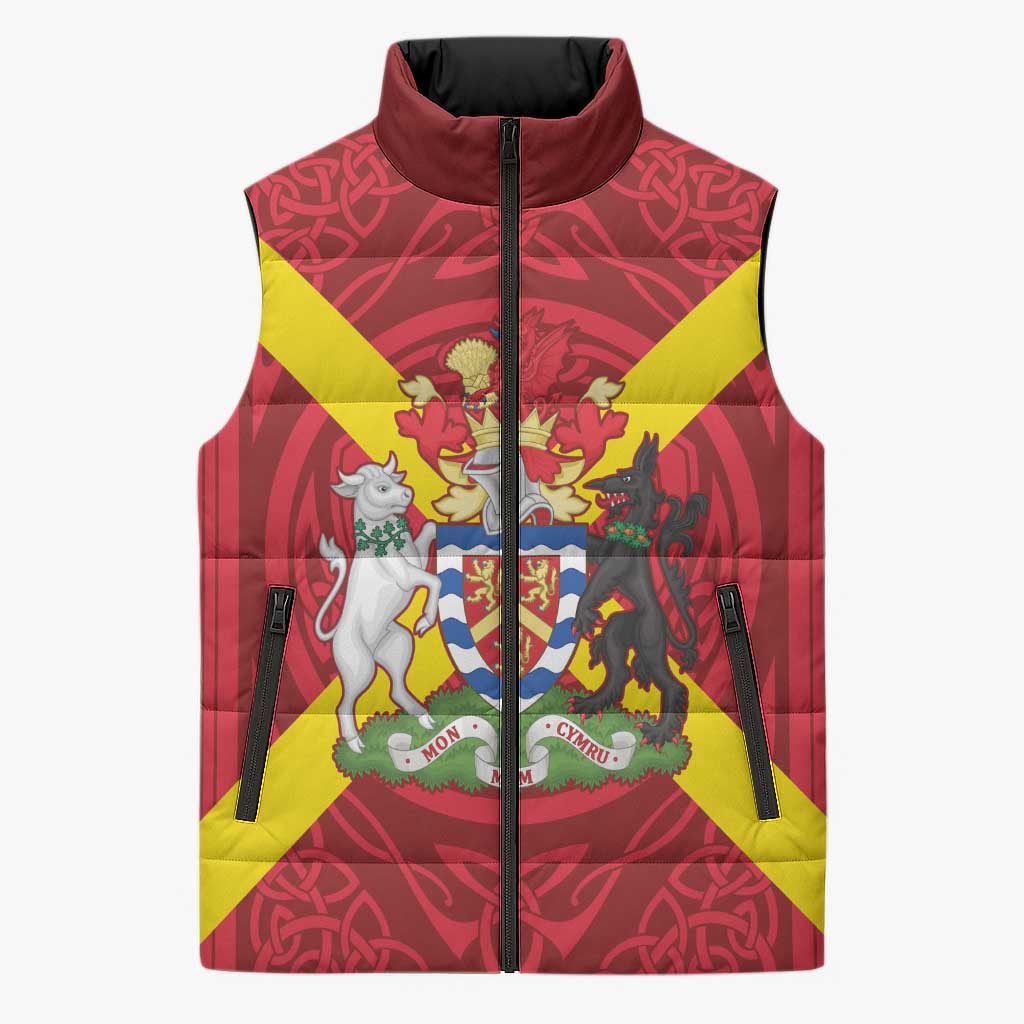 Personalized Anglesey Ynys Mon Sleeveless Puffer Jacket Map and Emblem Celtic Style - Wonder Print Shop