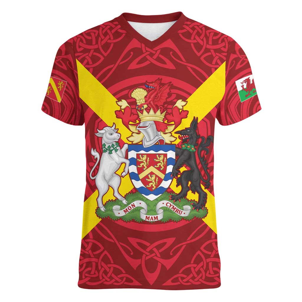 Personalized Anglesey Ynys Mon Women V-Neck T-Shirt Map and Emblem Celtic Style - Wonder Print Shop