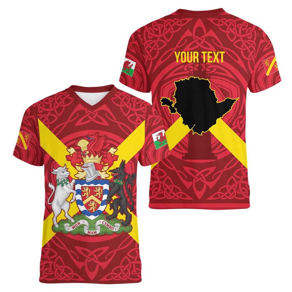 Personalized Anglesey Ynys Mon Women V-Neck T-Shirt Map and Emblem Celtic Style - Wonder Print Shop