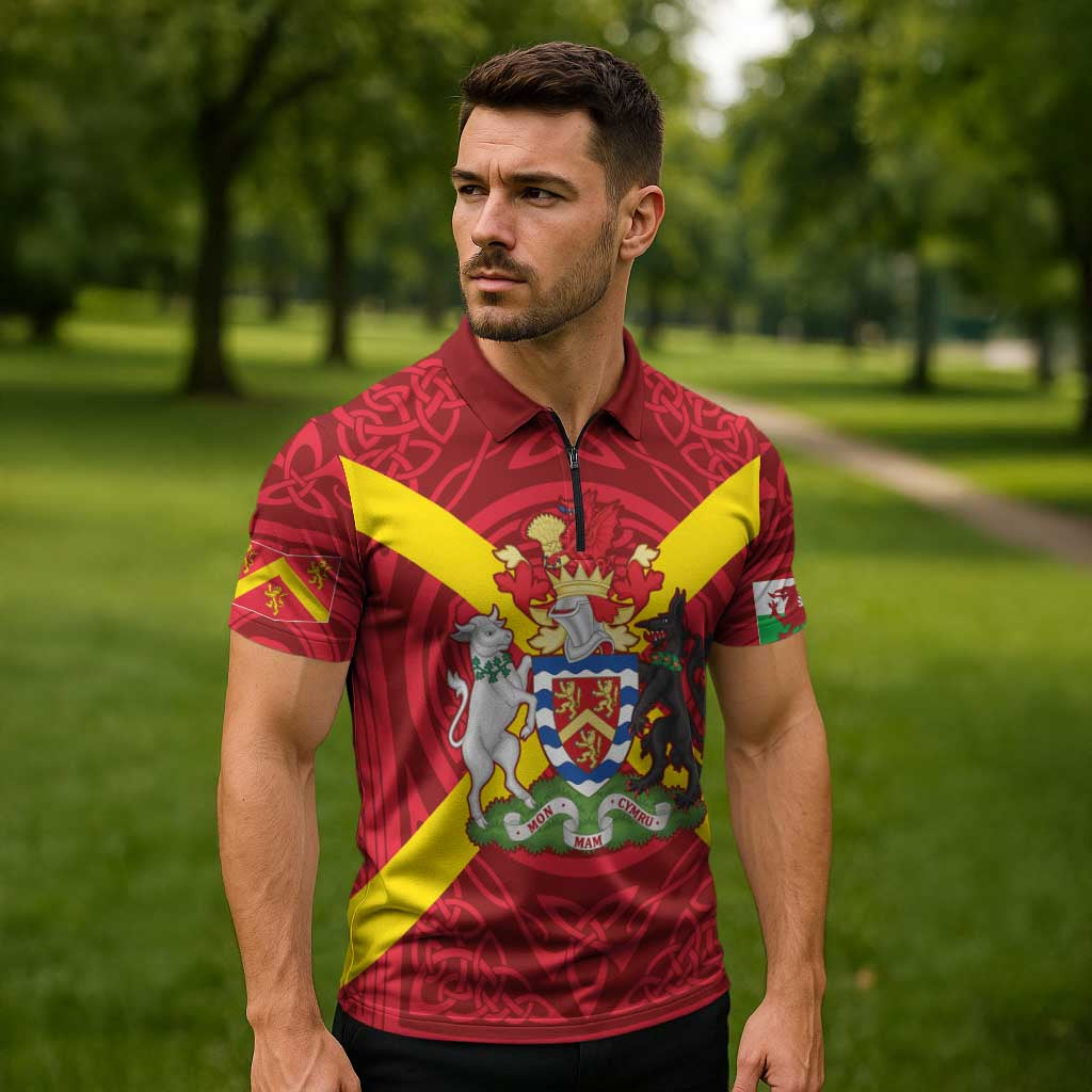 Personalized Anglesey Ynys Mon Zipper Polo Shirt Map and Emblem Celtic Style - Wonder Print Shop