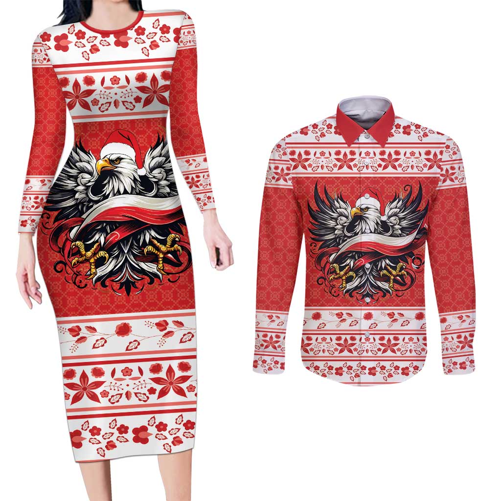 Poland Christmas Couples Matching Long Sleeve Bodycon Dress and Long Sleeve Button Shirt Polish Eagle with Flag Style - Wonder Print Shop