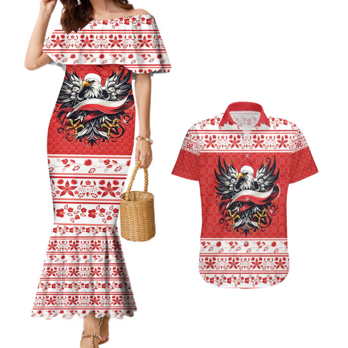 Poland Christmas Couples Matching Mermaid Dress and Hawaiian Shirt Polish Eagle with Flag Style - Wonder Print Shop