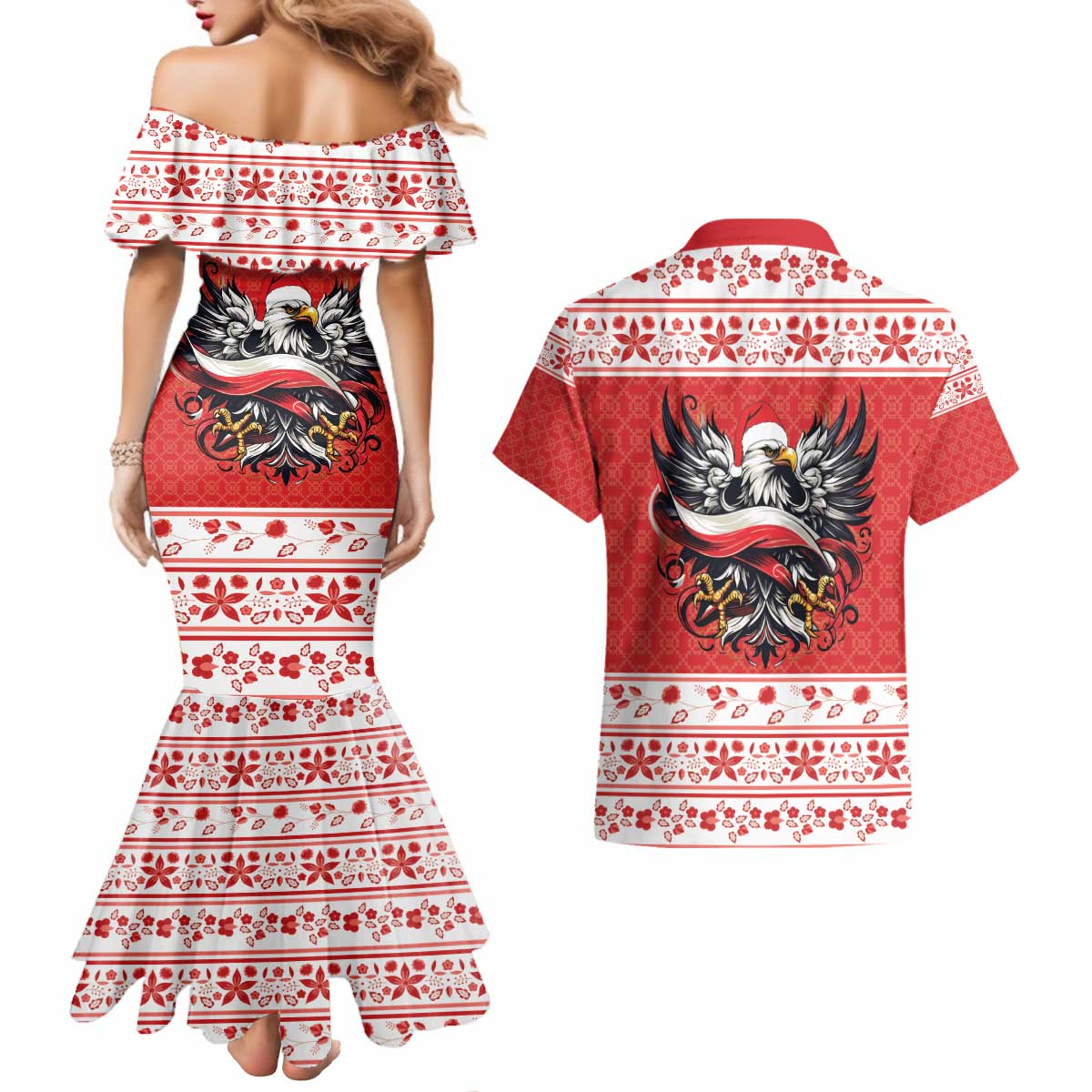 Poland Christmas Couples Matching Mermaid Dress and Hawaiian Shirt Polish Eagle with Flag Style - Wonder Print Shop