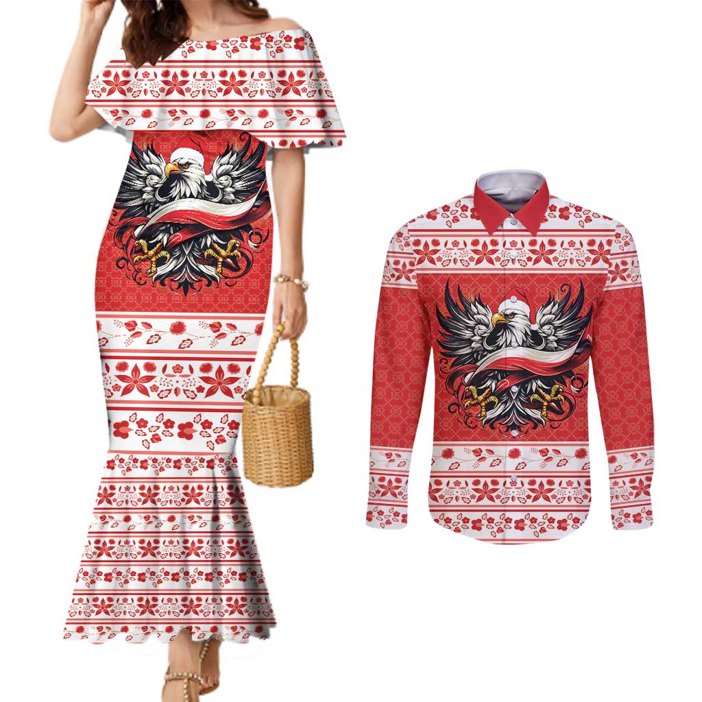 Poland Christmas Couples Matching Mermaid Dress and Long Sleeve Button Shirt Polish Eagle with Flag Style - Wonder Print Shop