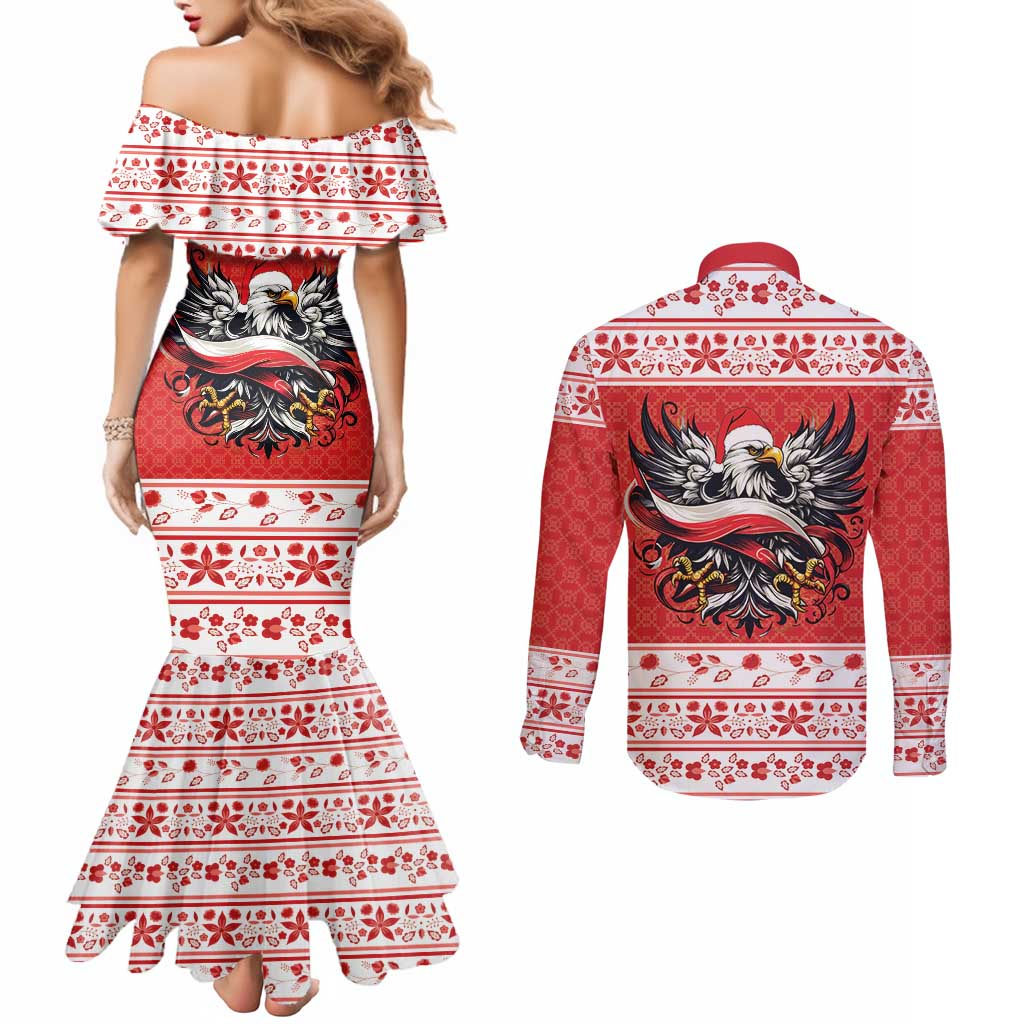 Poland Christmas Couples Matching Mermaid Dress and Long Sleeve Button Shirt Polish Eagle with Flag Style - Wonder Print Shop