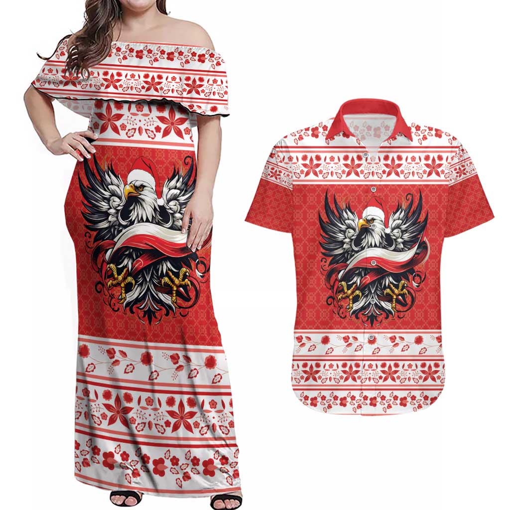Poland Christmas Couples Matching Off Shoulder Maxi Dress and Hawaiian Shirt Polish Eagle with Flag Style - Wonder Print Shop