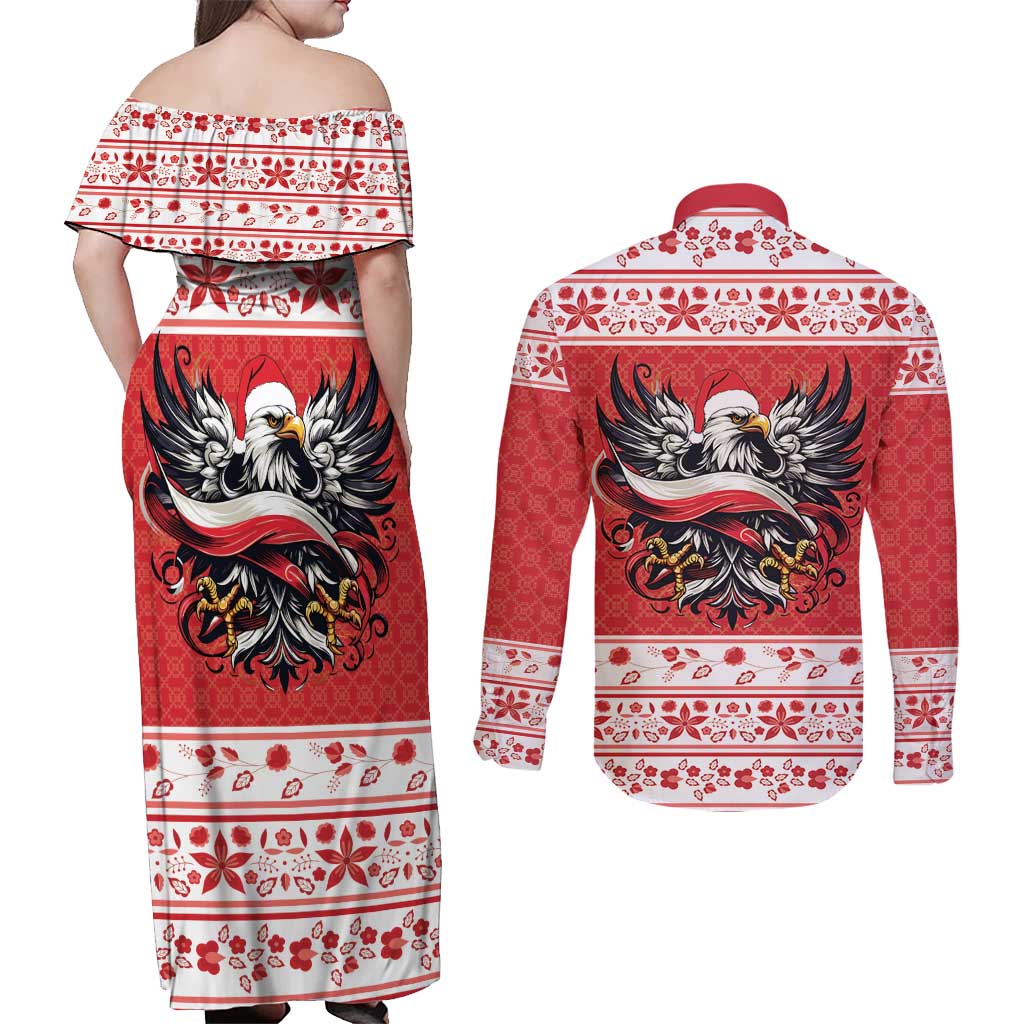 Poland Christmas Couples Matching Off Shoulder Maxi Dress and Long Sleeve Button Shirt Polish Eagle with Flag Style - Wonder Print Shop