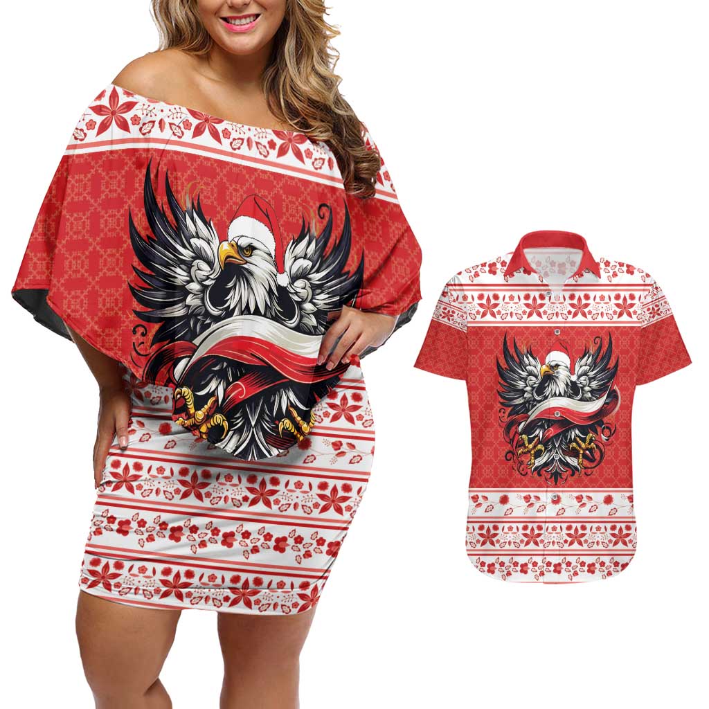 Poland Christmas Couples Matching Off Shoulder Short Dress and Hawaiian Shirt Polish Eagle with Flag Style - Wonder Print Shop