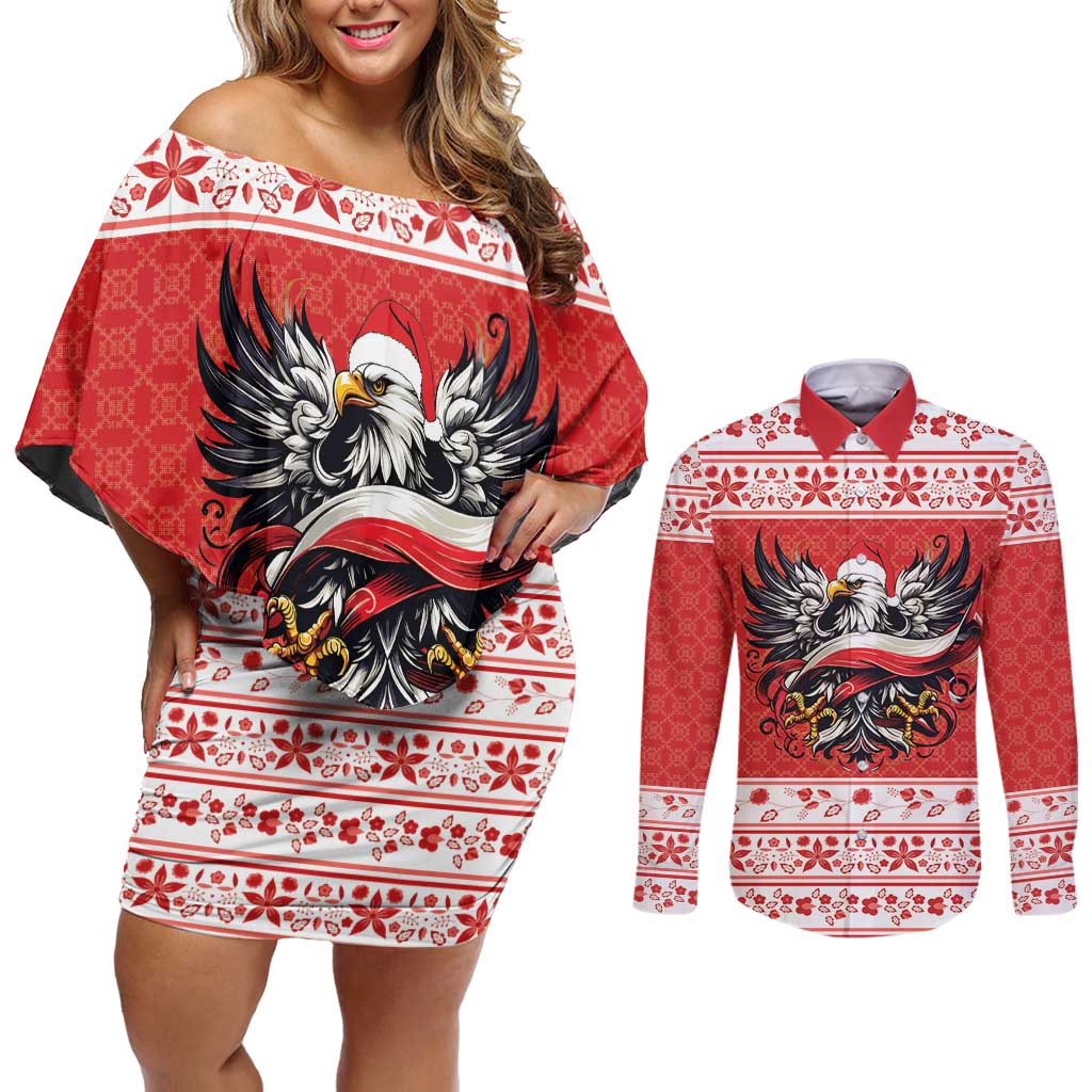 Poland Christmas Couples Matching Off Shoulder Short Dress and Long Sleeve Button Shirt Polish Eagle with Flag Style - Wonder Print Shop